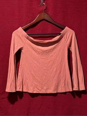 Mind Code Peach Ribbed Off-Shoulder Long Sleeve Top
